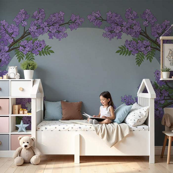 Papel pintado para habitación infantil | Ramas de flores violetas sobre fondo relajante