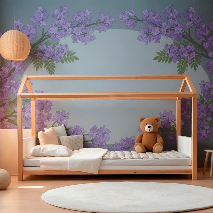 Papel pintado para habitación infantil | Ramas de flores violetas sobre fondo relajante