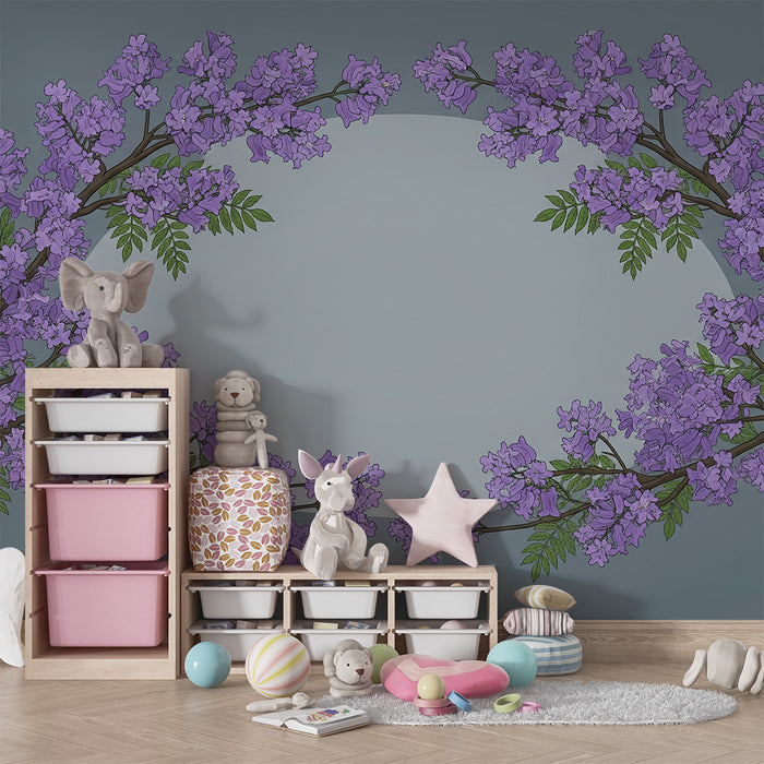 Papel pintado para habitación infantil | Ramas de flores violetas sobre fondo relajante