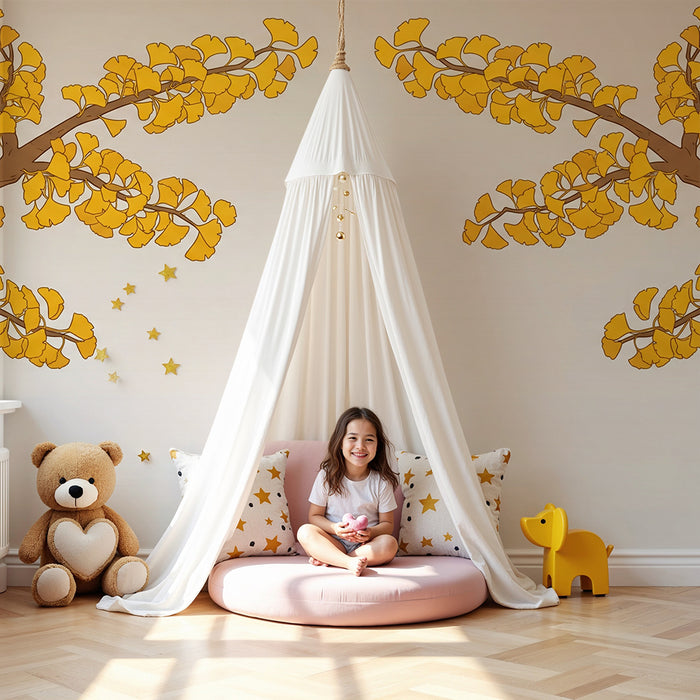 Babyzimmer-Tapete | Goldene Ginkgoblätter auf sanftem Grund