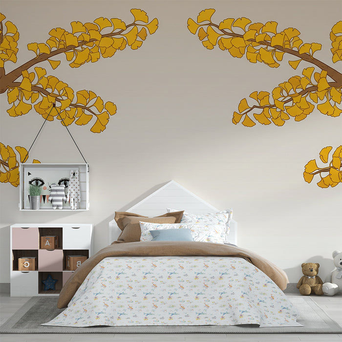 Babyzimmer-Tapete | Goldene Ginkgoblätter auf sanftem Grund