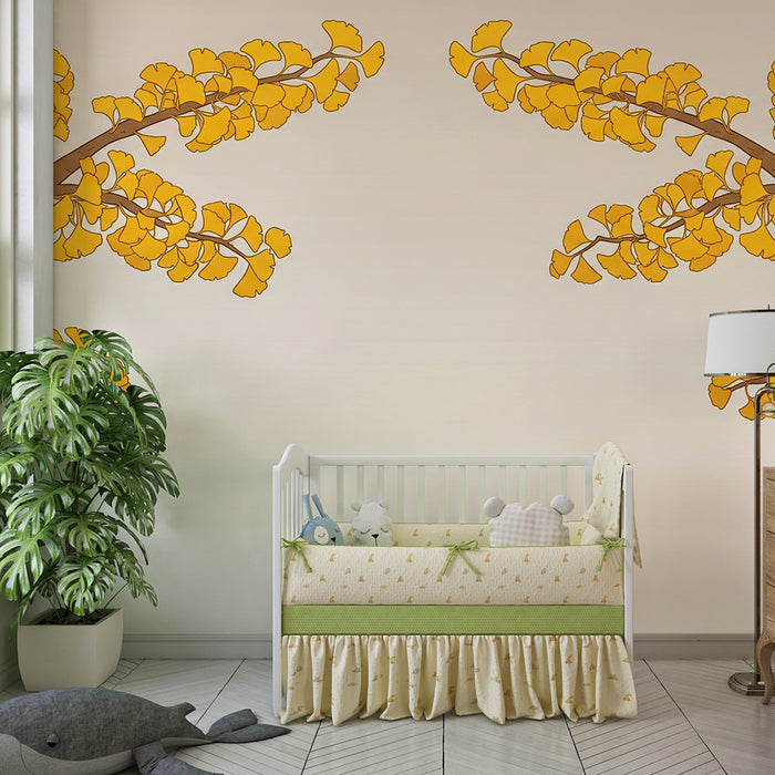 Babyzimmer-Tapete | Goldene Ginkgoblätter auf sanftem Grund