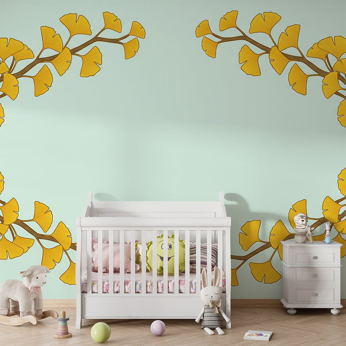 Babyzimmer-Tapete | Gelbe Ginkgoblätter auf Pastellgrund