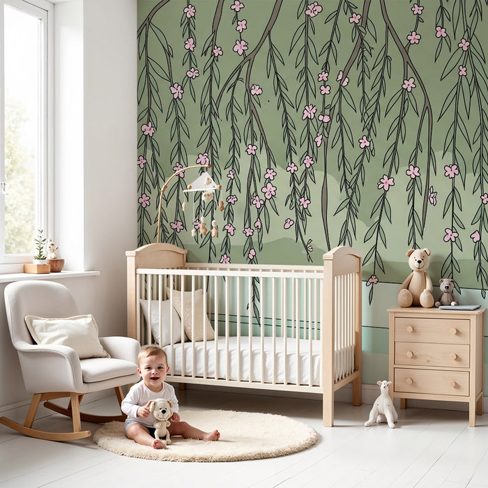 Nursery wallpaper | Weeping willow branches with pink flowers on a soothing background