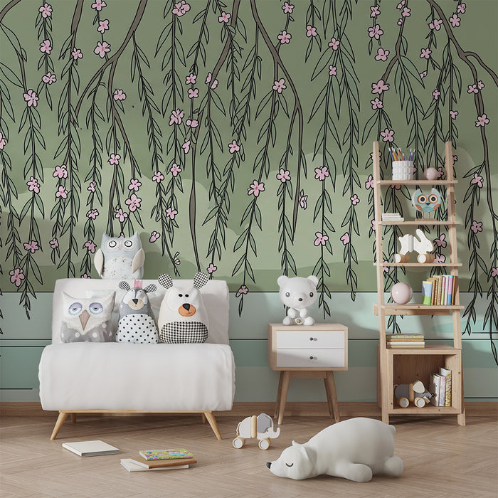 Nursery wallpaper | Weeping willow branches with pink flowers on a soothing background