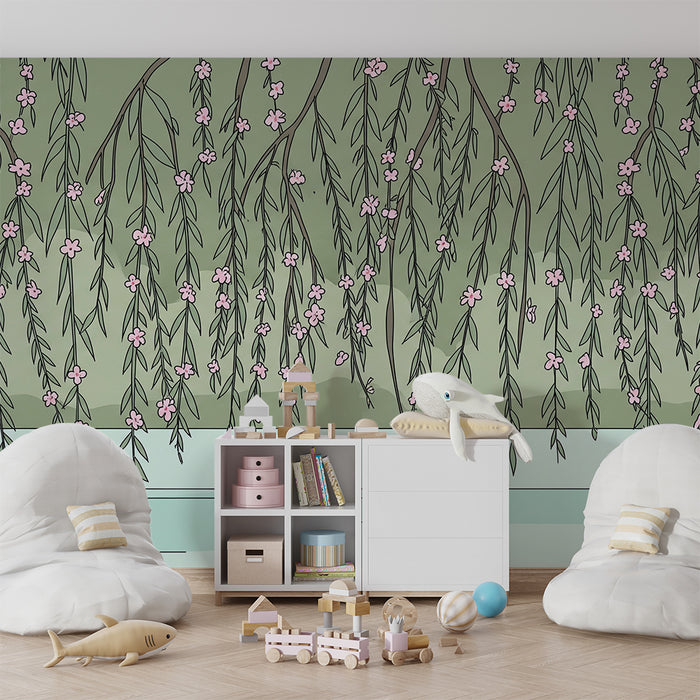 Nursery wallpaper | Weeping willow branches with pink flowers on a soothing background