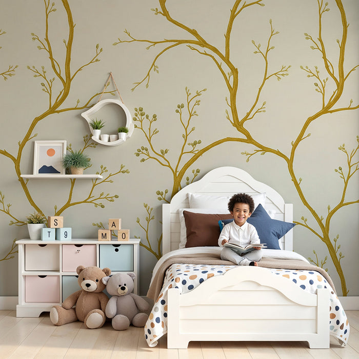Papier peint chambre bébé | Branches délicates et feuillage doux sur fond crème