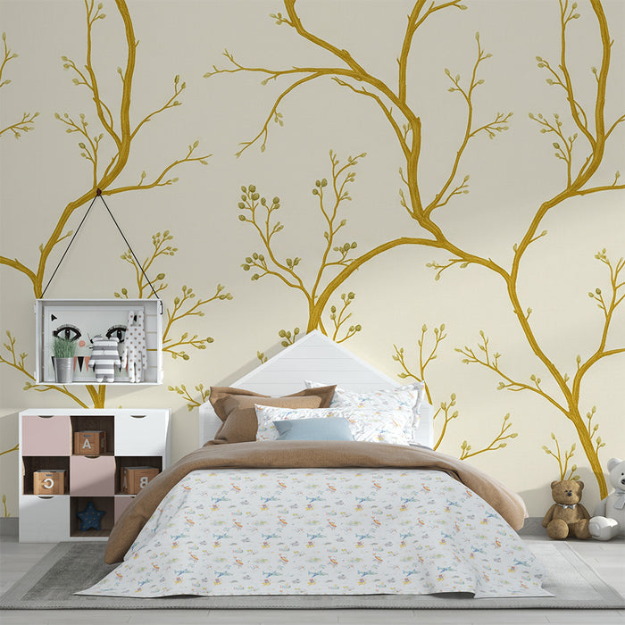 Papier peint chambre bébé | Branches délicates et feuillage doux sur fond crème