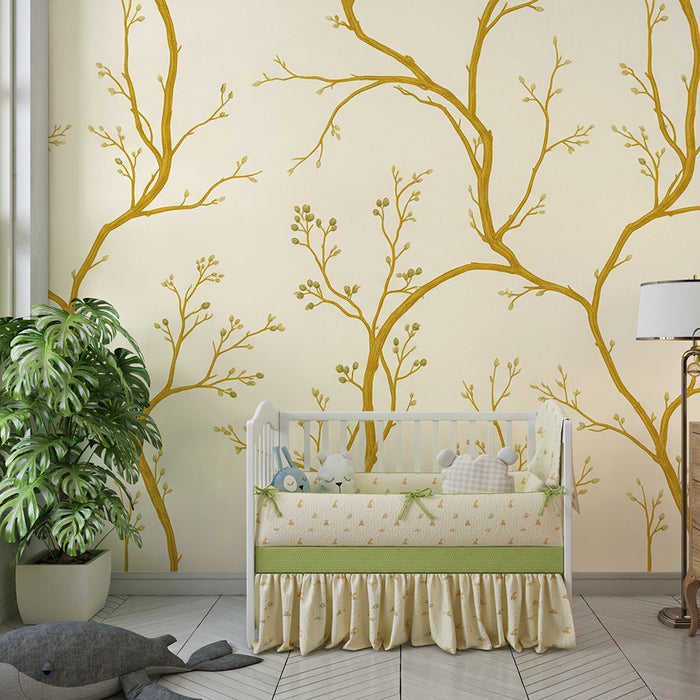 Papier peint chambre bébé | Branches délicates et feuillage doux sur fond crème