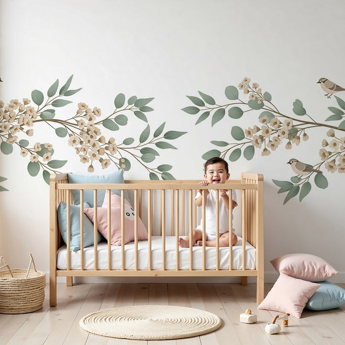 Papier peint chambre bébé | Branches fleuries avec oiseaux délicats