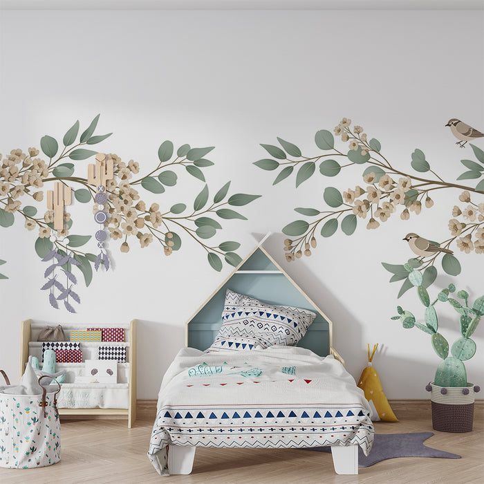 Papier peint chambre bébé | Branches fleuries avec oiseaux délicats