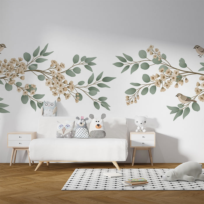 Papier peint chambre bébé | Branches fleuries avec oiseaux délicats