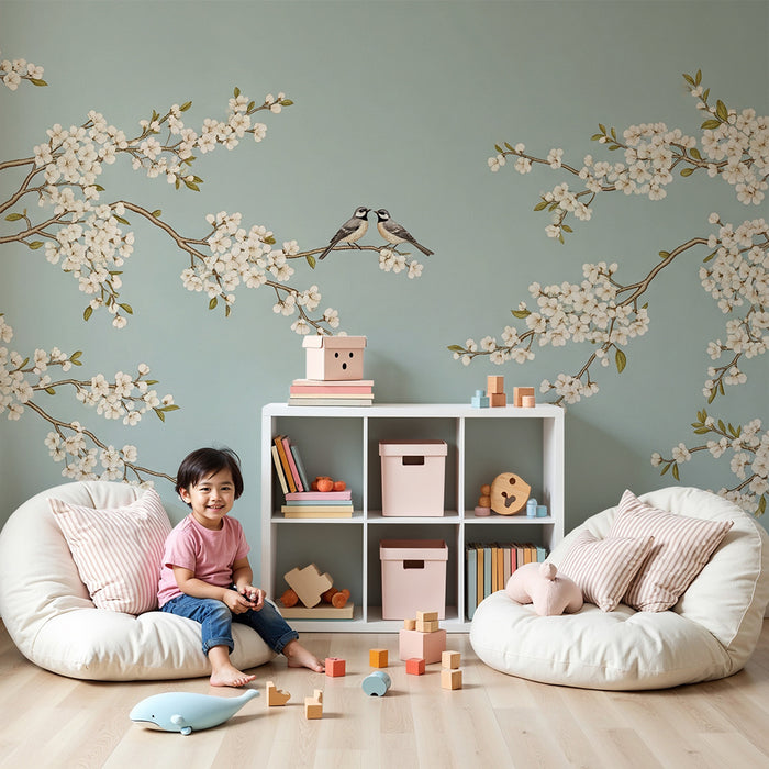 Papier peint chambre bébé | Branches fleuries avec oiseaux sur fond bleu