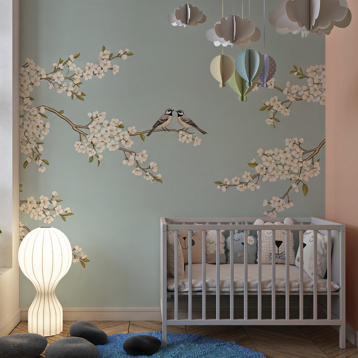 Papier peint chambre bébé | Branches fleuries avec oiseaux sur fond bleu