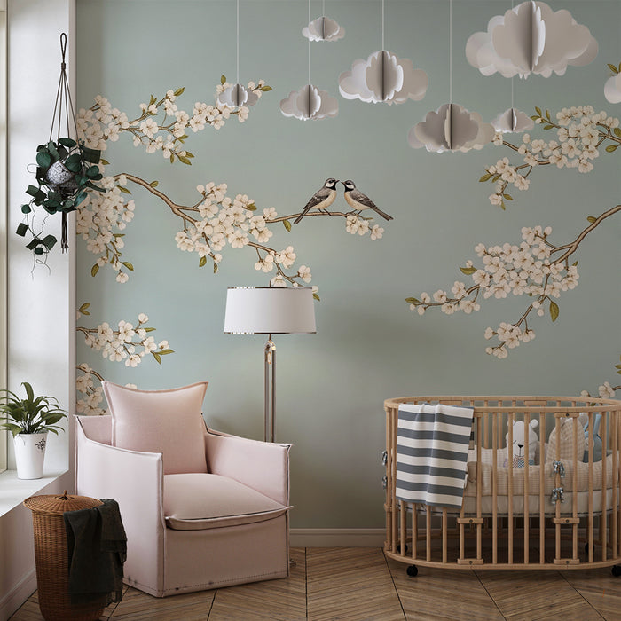 Papier peint chambre bébé | Branches fleuries avec oiseaux sur fond bleu