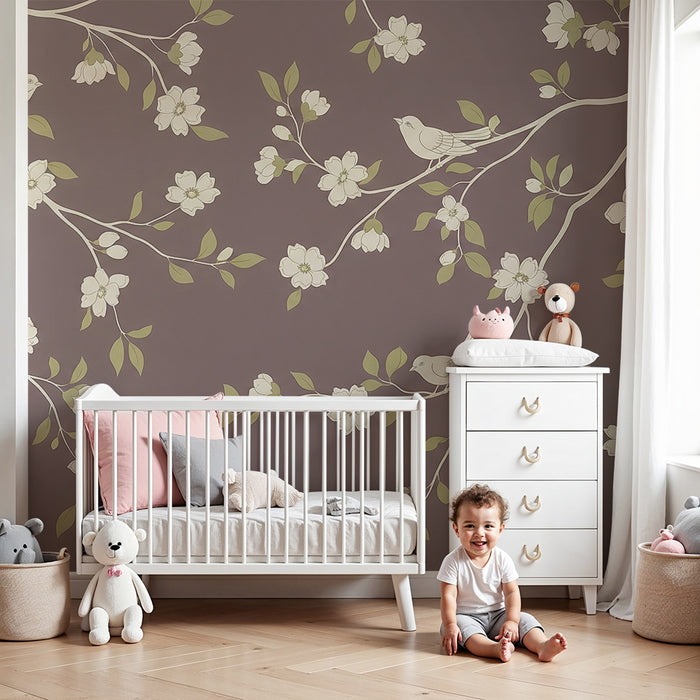 Papel de parede para quarto de bebé | Ramos floridos com pássaros em fundo lilás