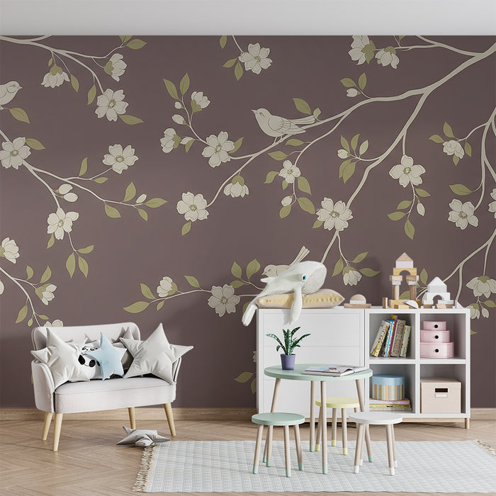 Papel de parede para quarto de bebé | Ramos floridos com pássaros em fundo lilás