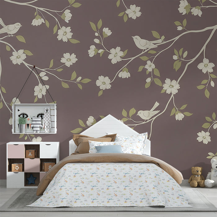 Papel de parede para quarto de bebé | Ramos floridos com pássaros em fundo lilás