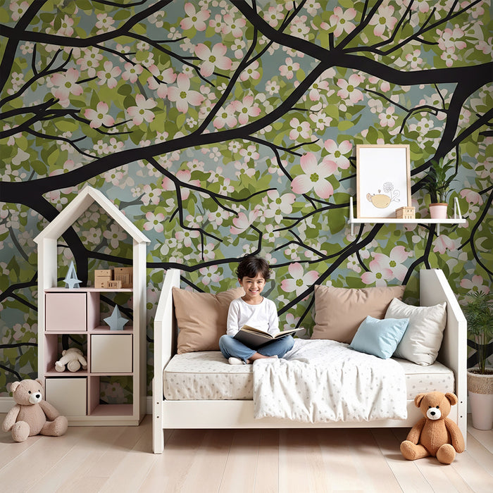 Papel pintado para habitación infantil | Ramas florales con un cielo sereno