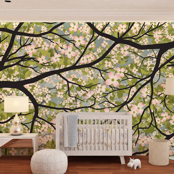 Papel pintado para habitación infantil | Ramas florales con un cielo sereno