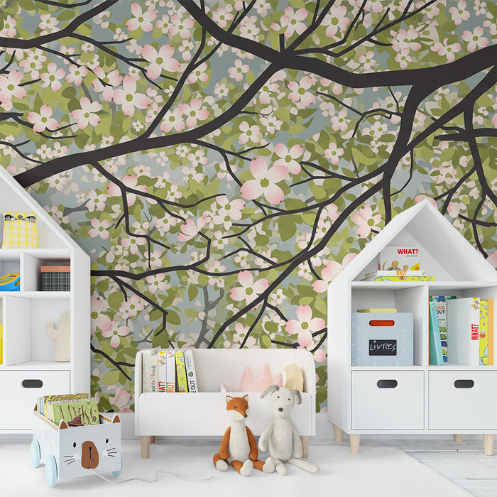 Papel pintado para habitación infantil | Ramas florales con un cielo sereno