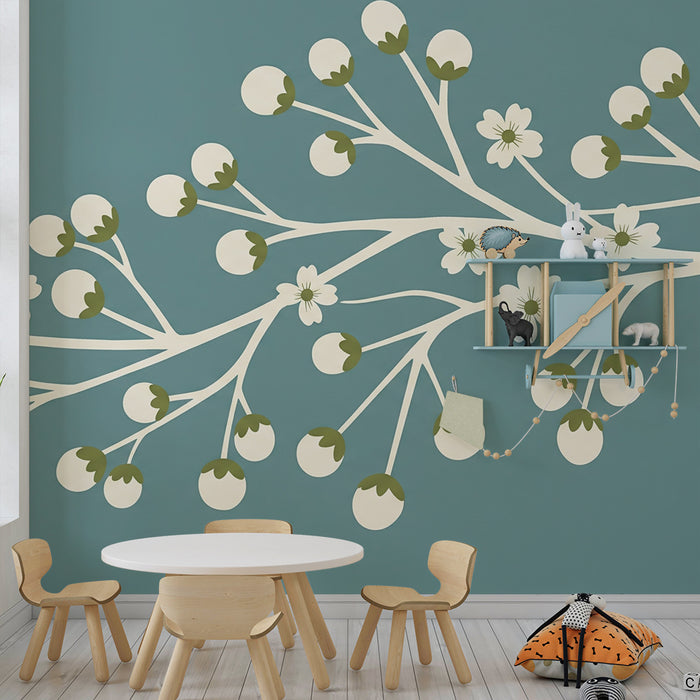 Papier peint chambre bébé | Branches fleuries sur fond bleu apaisant