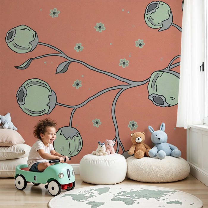 Papier peint chambre bébé | Branches florales sur fond corail avec fleurs délicates