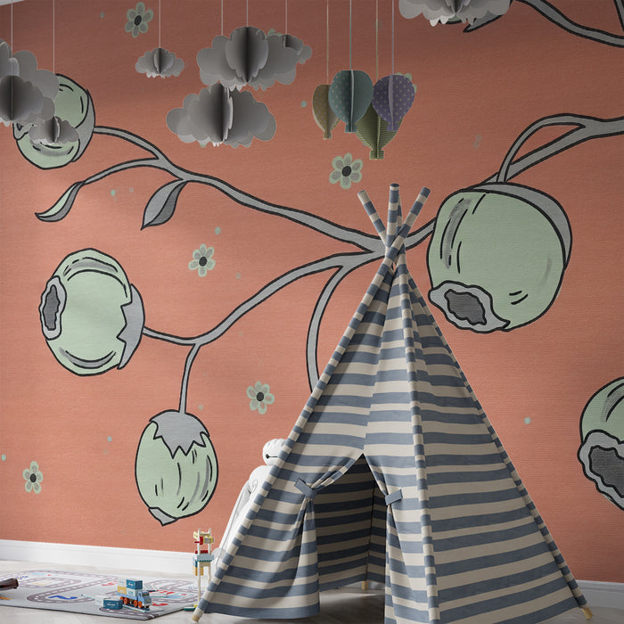 Papier peint chambre bébé | Branches florales sur fond corail avec fleurs délicates