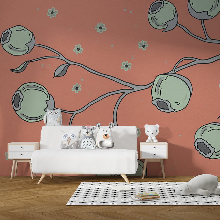 Papier peint chambre bébé | Branches florales sur fond corail avec fleurs délicates
