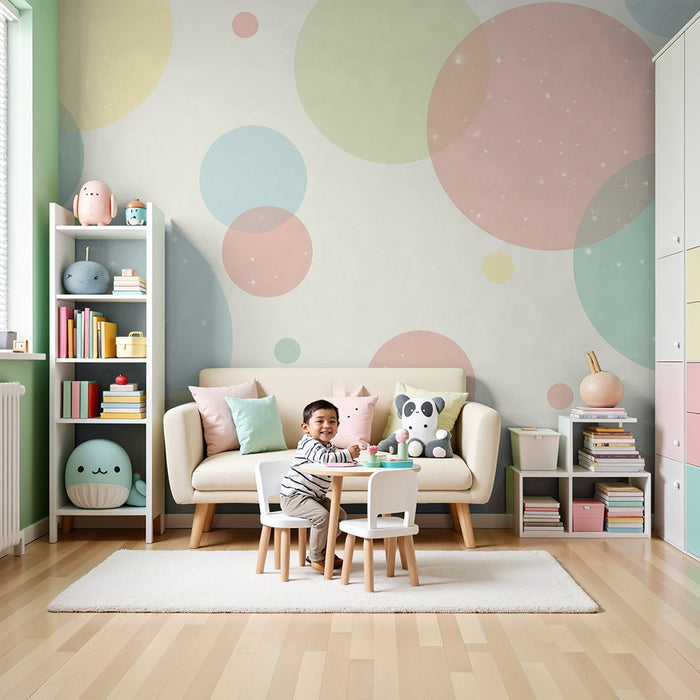 Tapeta dětského pokoje | Barevné bubliny a jiskry světla na jemném pozadí
