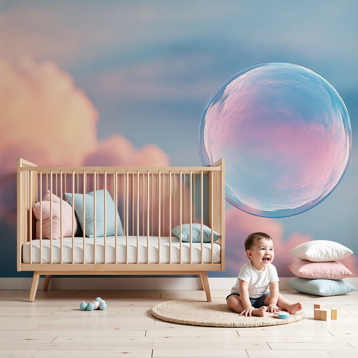 Babykamer behang | Zwevende zeepbellen in een pastelkleurige lucht