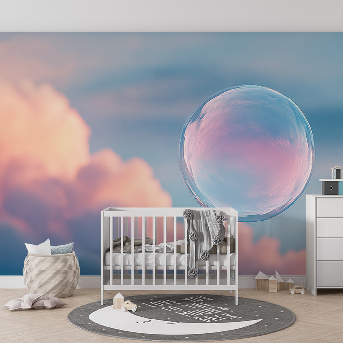 Babykamer behang | Zwevende zeepbellen in een pastelkleurige lucht