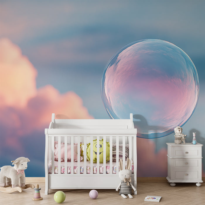 Babykamer behang | Zwevende zeepbellen in een pastelkleurige lucht