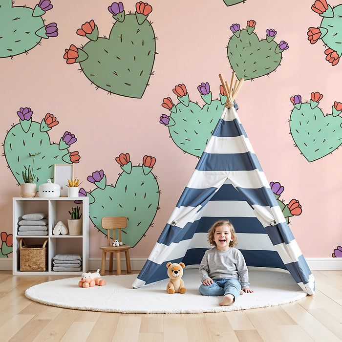 Babyzimmer-Tapete | Kaktus in Herzform mit bunten Blüten auf rosa Hintergrund