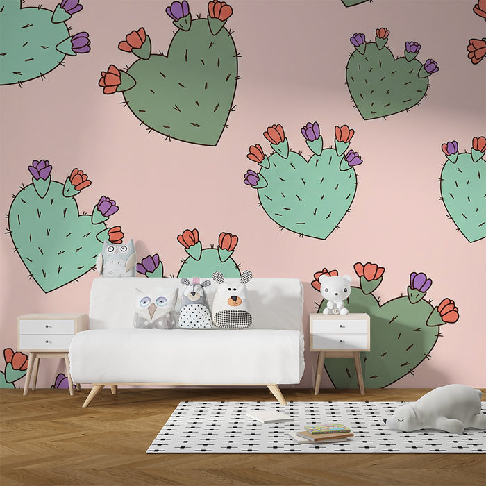 Babyzimmer-Tapete | Kaktus in Herzform mit bunten Blüten auf rosa Hintergrund