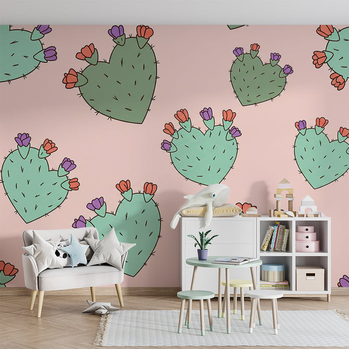 Babyzimmer-Tapete | Kaktus in Herzform mit bunten Blüten auf rosa Hintergrund