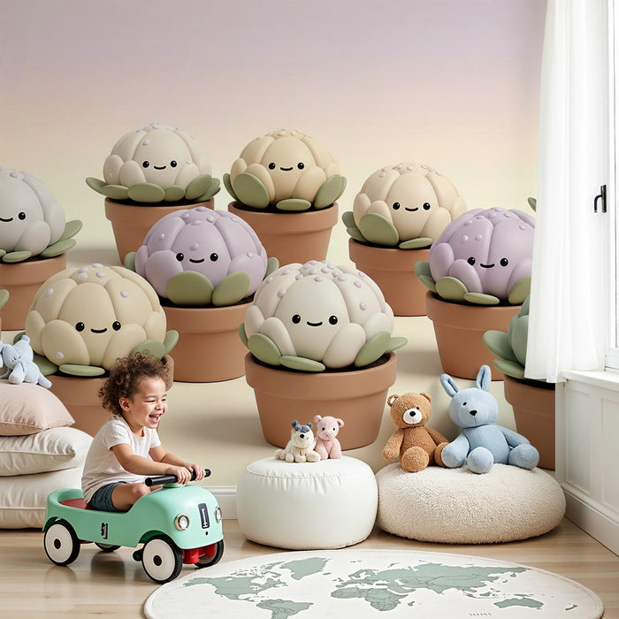 Papel pintado habitación bebé | Cactus adorables y macetas coloridas para un ambiente alegre