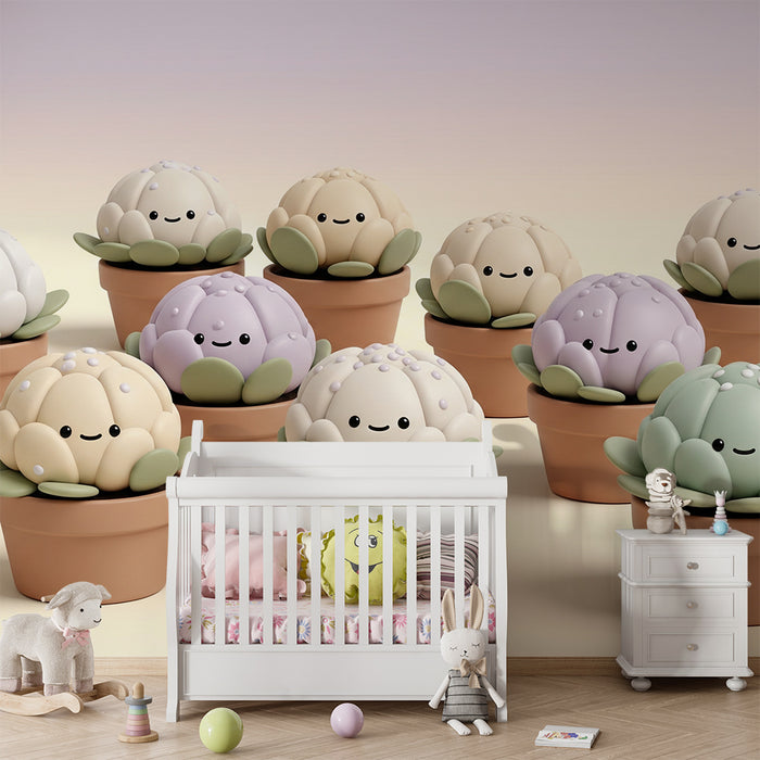 Papel pintado habitación bebé | Cactus adorables y macetas coloridas para un ambiente alegre