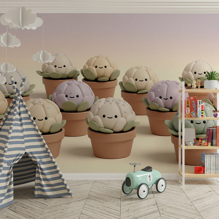 Papel pintado habitación bebé | Cactus adorables y macetas coloridas para un ambiente alegre