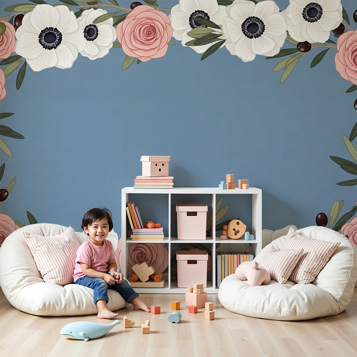 Papier peint chambre bébé | Cadre floral délicat avec roses et anémones sur fond bleu