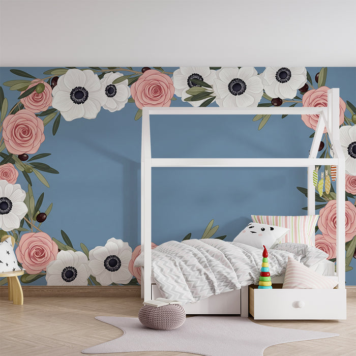 Papier peint chambre bébé | Cadre floral délicat avec roses et anémones sur fond bleu
