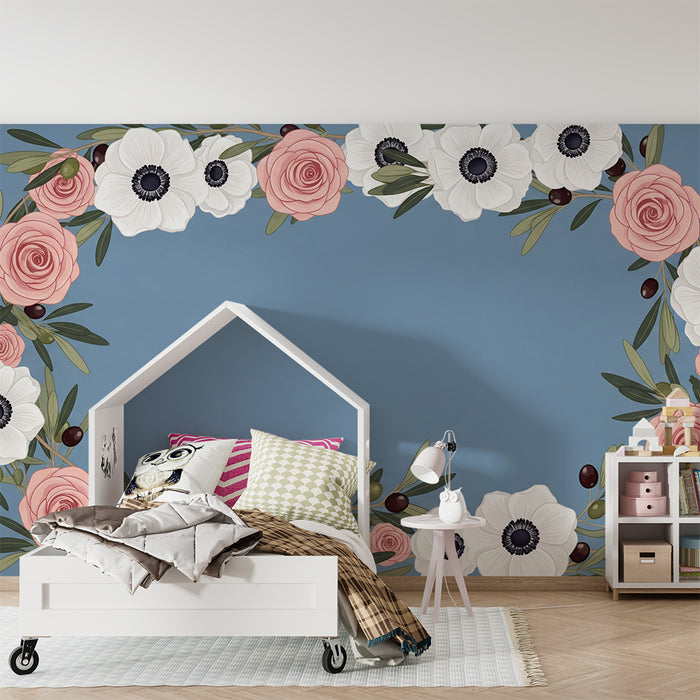 Papier peint chambre bébé | Cadre floral délicat avec roses et anémones sur fond bleu