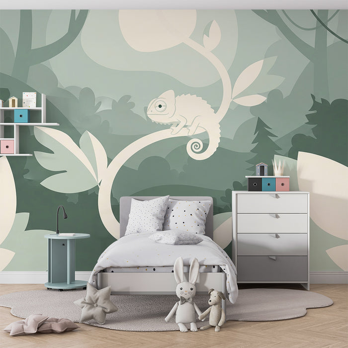**Tapete fürs Babyzimmer | Verspieltes Chamäleon auf einer Liane im sanften Wald**