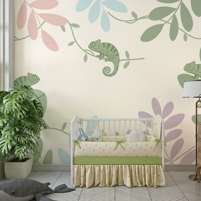 Behang voor de babykamer | Speelse kameleons tussen kleurrijk blad