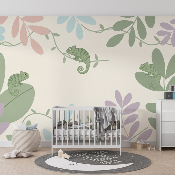 Behang voor de babykamer | Speelse kameleons tussen kleurrijk blad