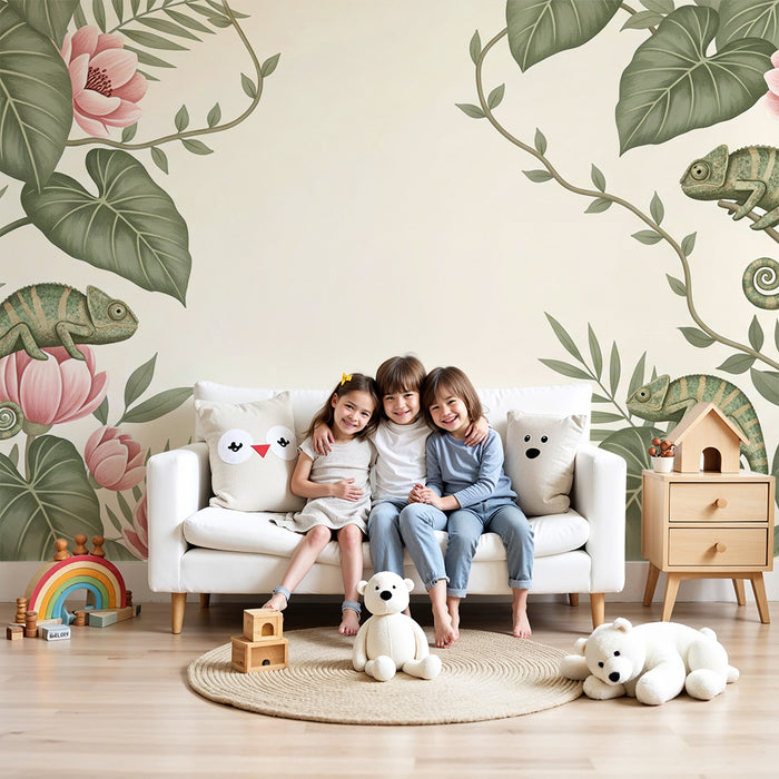 **Tapete fürs Babyzimmer | Chamäleons und zarte Blumen in tropischem Design**