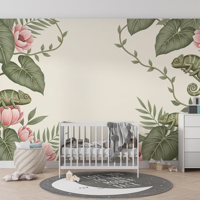 **Tapete fürs Babyzimmer | Chamäleons und zarte Blumen in tropischem Design**