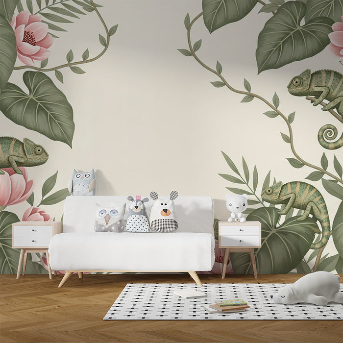 **Tapete fürs Babyzimmer | Chamäleons und zarte Blumen in tropischem Design**