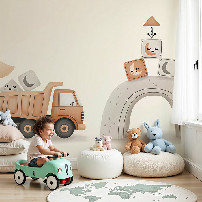 Papier peint chambre bébé | Camion de chantier et blocs de construction amusants