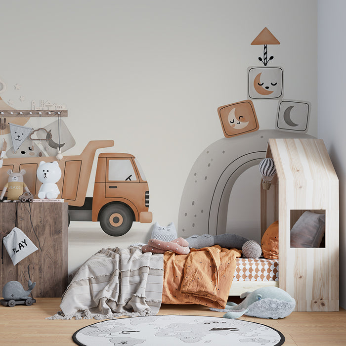 Papier peint chambre bébé | Camion de chantier et blocs de construction amusants